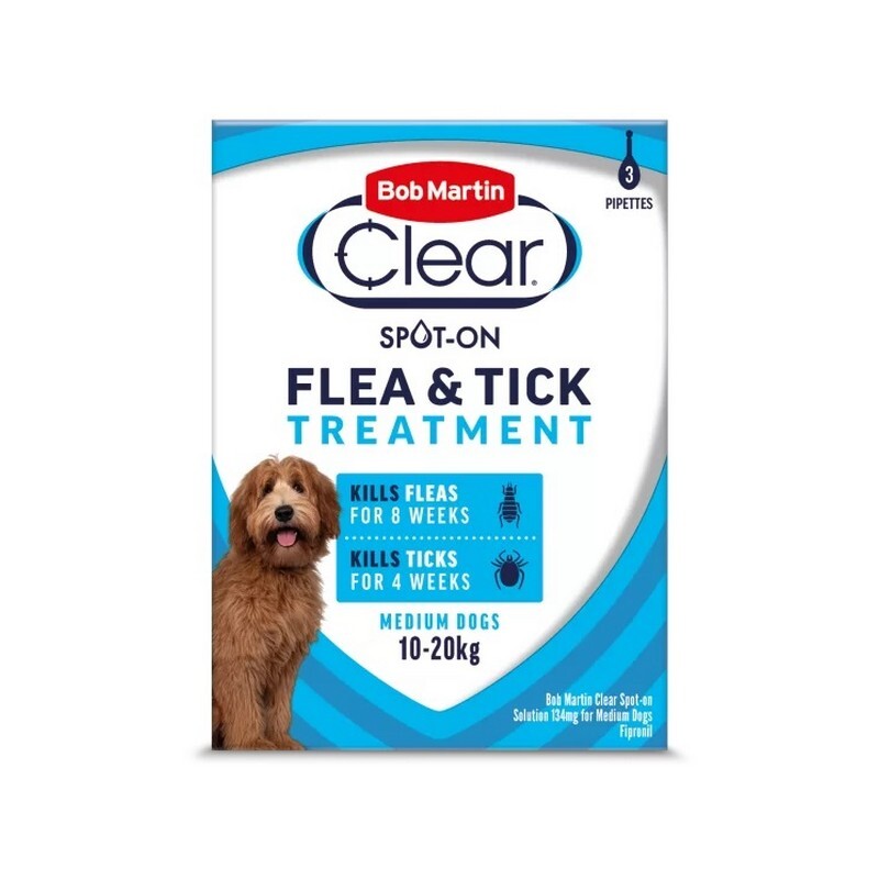 Bob Martin Clear Spot On Flea & Tick Treatment Medium Dog (10-20kg) 3 pipettes x 6