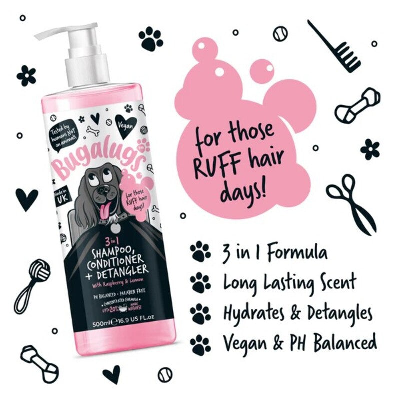 Bugalugs 3 in 1 Raspberry & Lemon Dog Shampoo & Conditioner & Detangler 500ml