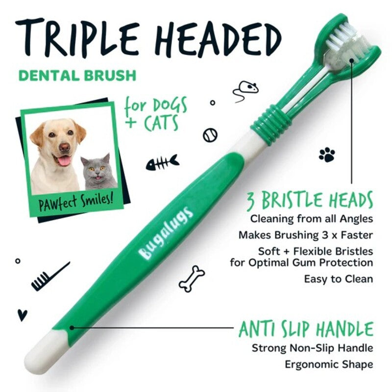 Bugalugs Triple Headed Toothbrush for Dogs & Cats x 12