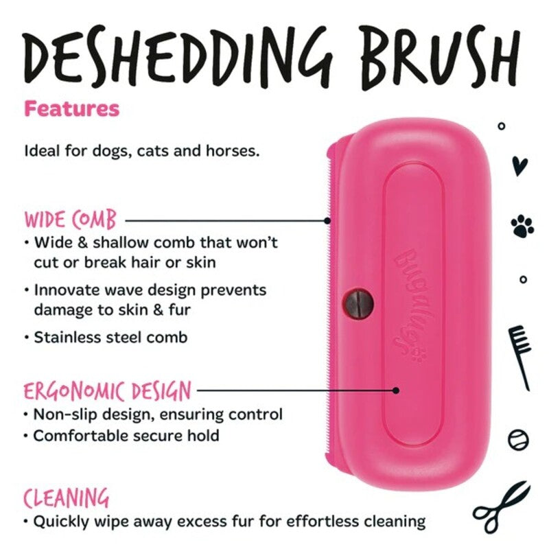 Bugalugs Deshedding Brush in Pink for Dogs, Cats, Horses & Other Pets