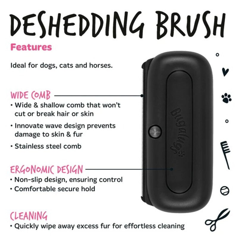 Bugalugs Deshedding Brush in Black for Dogs, Cats, Horses & Other Pets