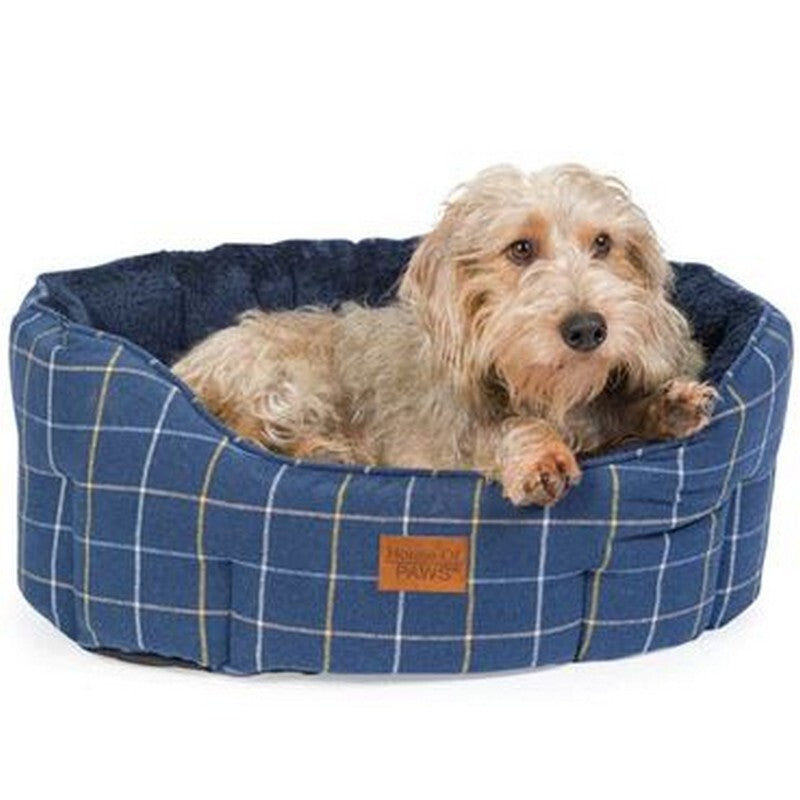 House of Paws Navy Check Tweed Oval Snuggle Large