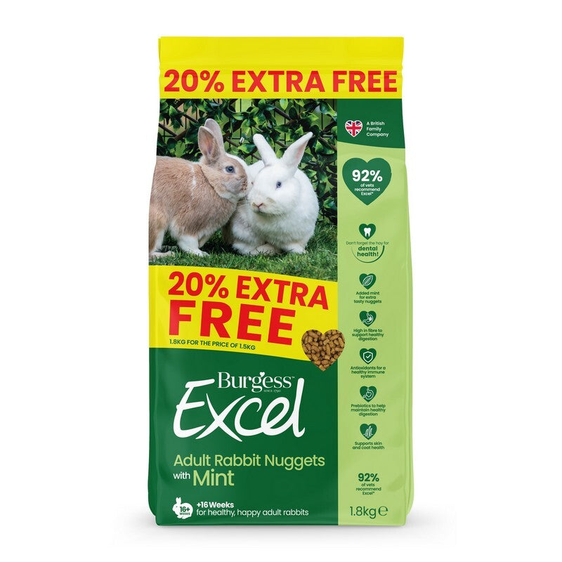 Burgess Excel Adult Rabbit Nuggets with Mint + 20% Extra 1.8kg x 4