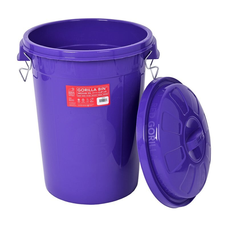 Red Gorilla Bin with Clip Lid Purple 50L