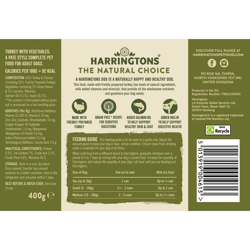 Harringtons Tins Adult Grain Free Turkey with Vegetables 400g x 6