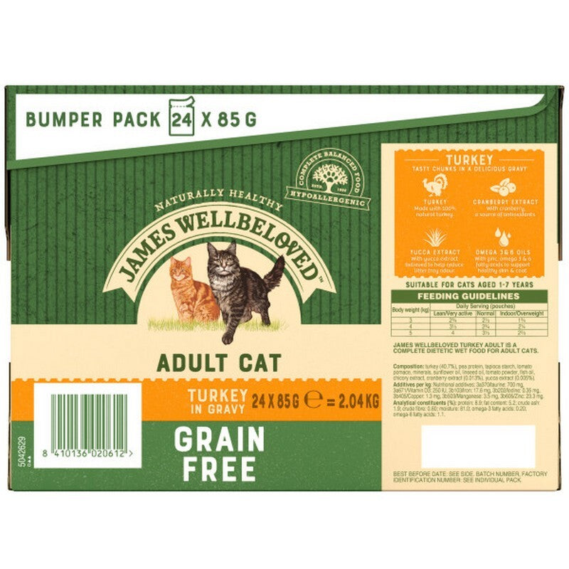 James Wellbeloved Adult Cat Grain Free Turkey in Gravy Pouches 85g x 24 x 2