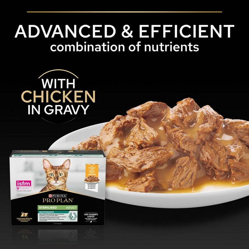 Pro Plan Adult 1+ Sterilised Maintenance with Chicken Gravy Pouches 85g x 10 x 4