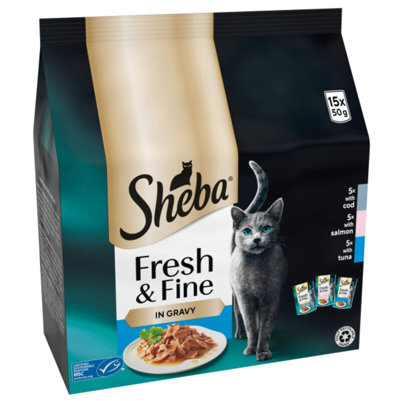 Sheba Fresh & Fine Adult Cod, Salmon & Tuna in Gravy Pouches 50g x 15 x 3