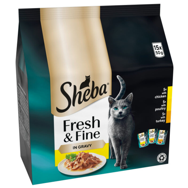 Sheba Fresh & Fine Adult Chicken, Poultry & Duck in Gravy Pouches 50g x 15 x 3