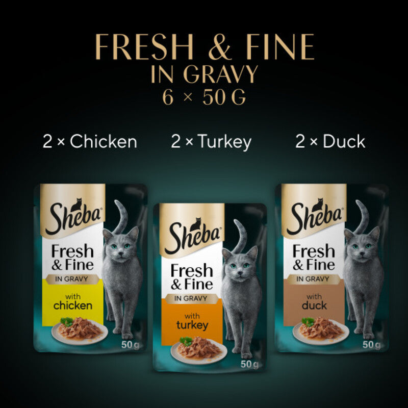 Sheba Fresh & Fine Adult Chicken & Turkey & Duck in Gravy Pouches 50g x 6 x 8