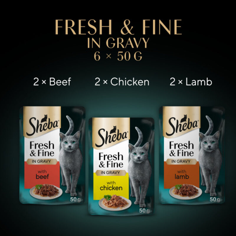 Sheba Fresh & Fine Adult Beef & Chicken & Lamb in Gravy Pouches 50g x 6 x 8
