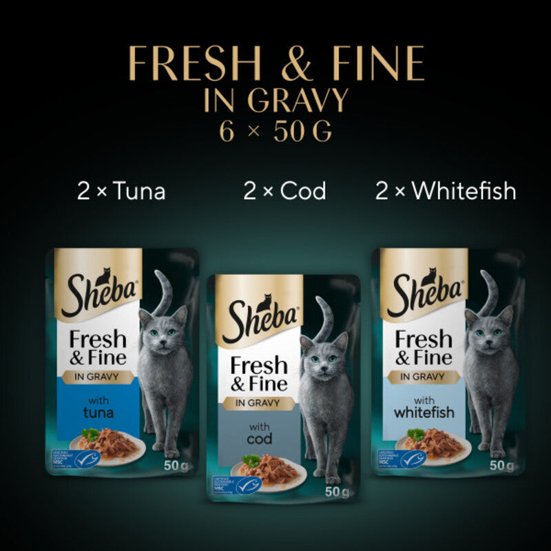 Sheba Fresh & Fine Adult Tuna & Cod & Whitefish in Gravy Pouches 50g x 6 x 8