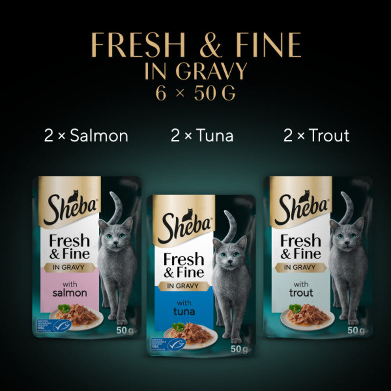 Sheba Fresh & Fine Adult Salmon & Tuna & Trout in Gravy Pouches 50g x 6 x 8