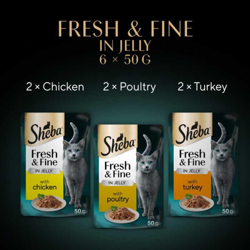 Sheba Fresh & Fine Adult Chicken & Turkey & Poultry in Jelly Pouches 50g x 6 x 8