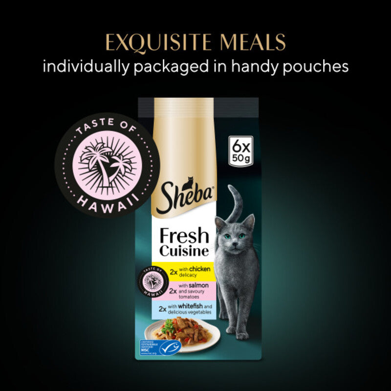 Sheba Fresh Cuisine Taste of Hawaii Chicken & Salmon & Whitefish in Gravy Pouches 50g x 6 x 8